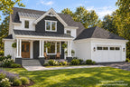 Ferncroft farmhouse front exterior with white siding, a charcoal gable, covered porch and front-entry two-car garage.