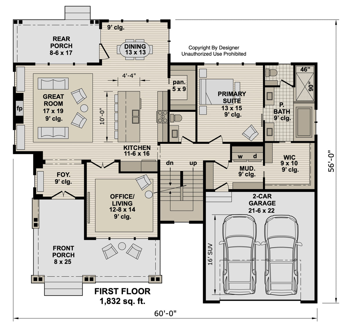 farmhouse main-floor plan: 1,832 sq. ft. with a primary suite, office, open kitchen and great room, two porches and a two-car garage.