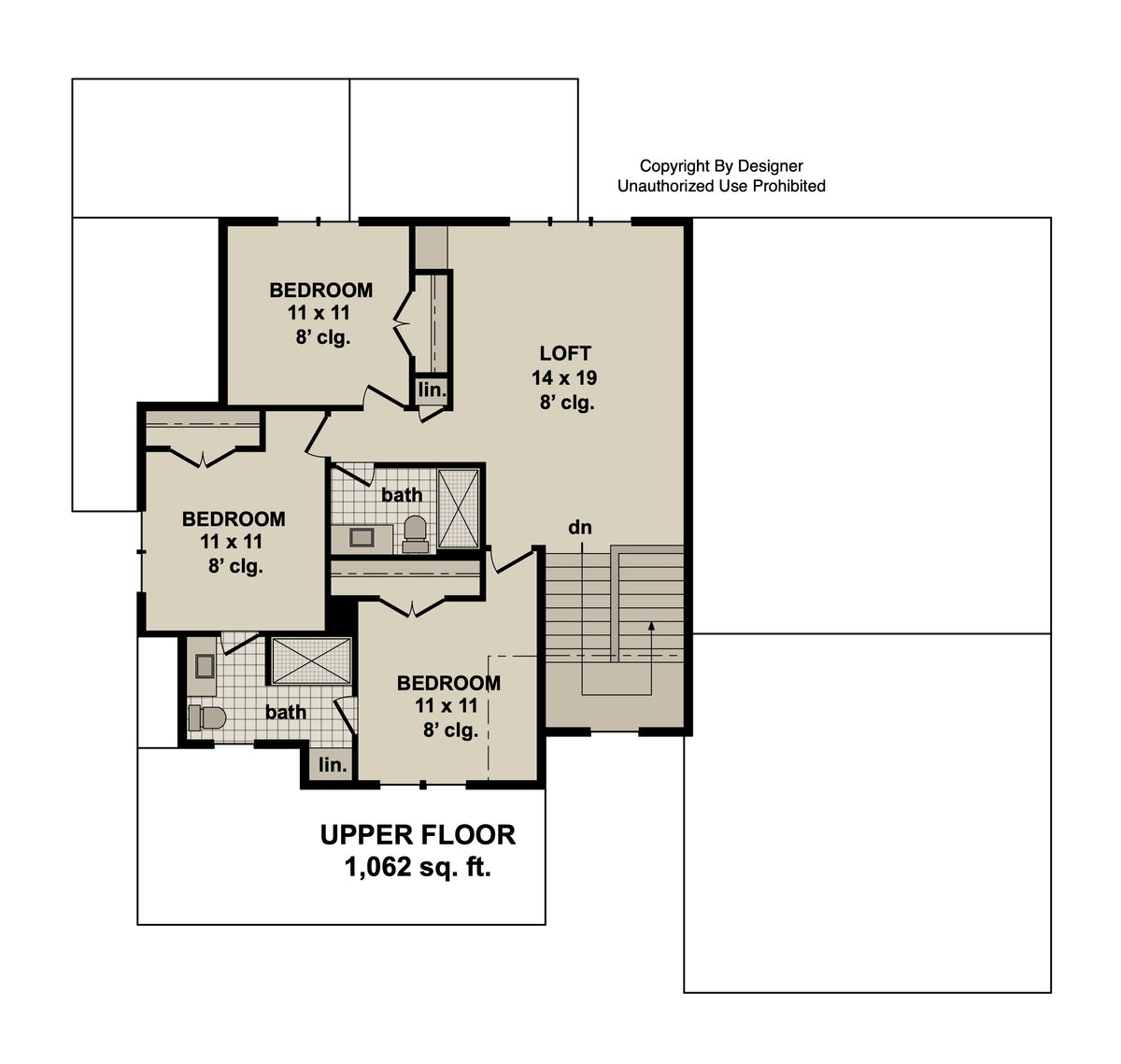 farmhouse upper-floor plan: 1,062 sq. ft. with three bedrooms, two bathrooms and a 14-by-19-foot loft.