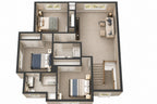 Furnished 3D upper-floor plan of a farmhouse showing three bedrooms, two bathrooms, a loft lounge and the stair landing.