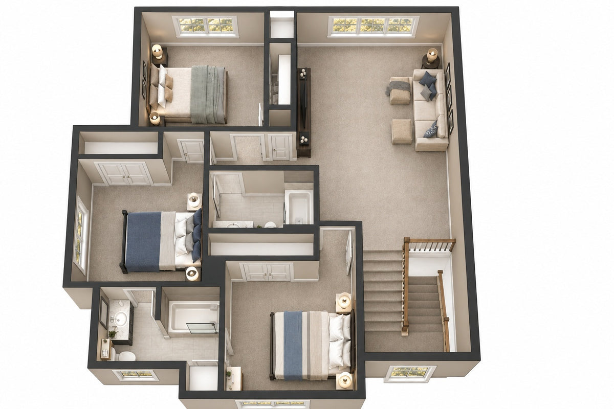 Furnished 3D upper-floor plan of a farmhouse showing three bedrooms, two bathrooms, a loft lounge and the stair landing.
