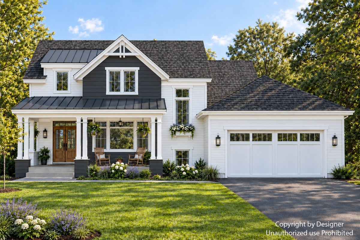 Front elevation of Ferncroft a farmhouse design with a timber-accented gable, covered porch, white siding and a two-car garage.