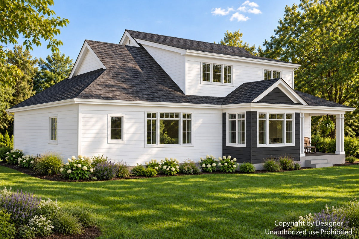 Rear-left exterior of a farmhouse with a covered back porch, broad shed dormer, white siding and rows of windows.