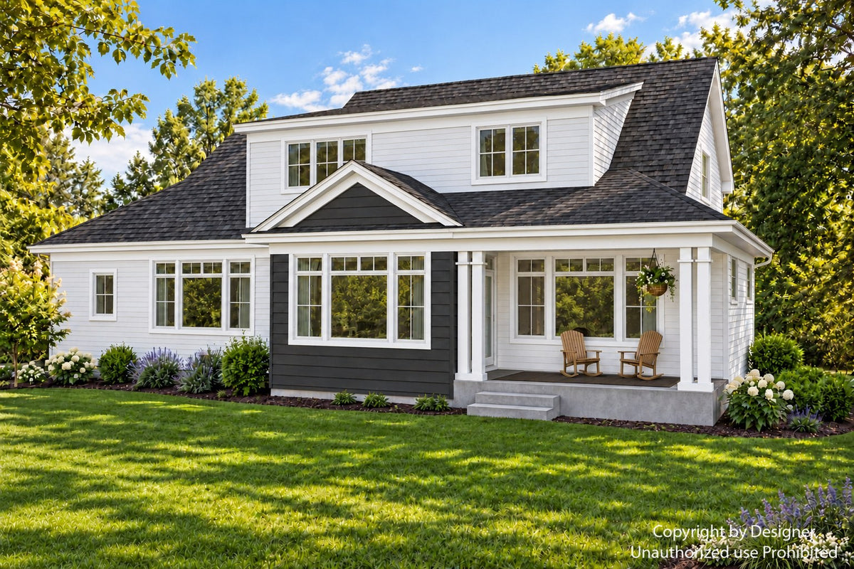 Rear-right exterior of a farmhouse with a charcoal-accented gable, covered porch seating and upper-floor dormer windows.