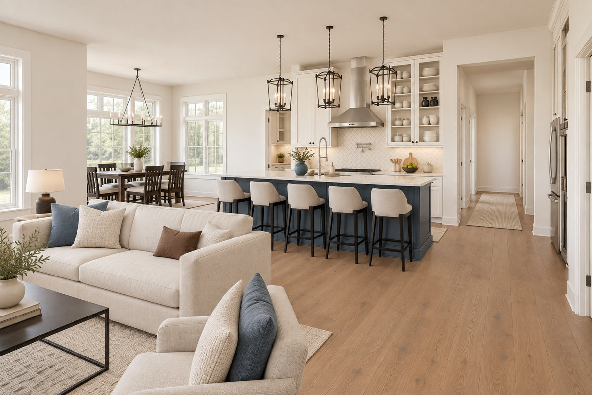 View from the great-room seating toward a navy kitchen island, white cabinetry and the window-lined dining area.
