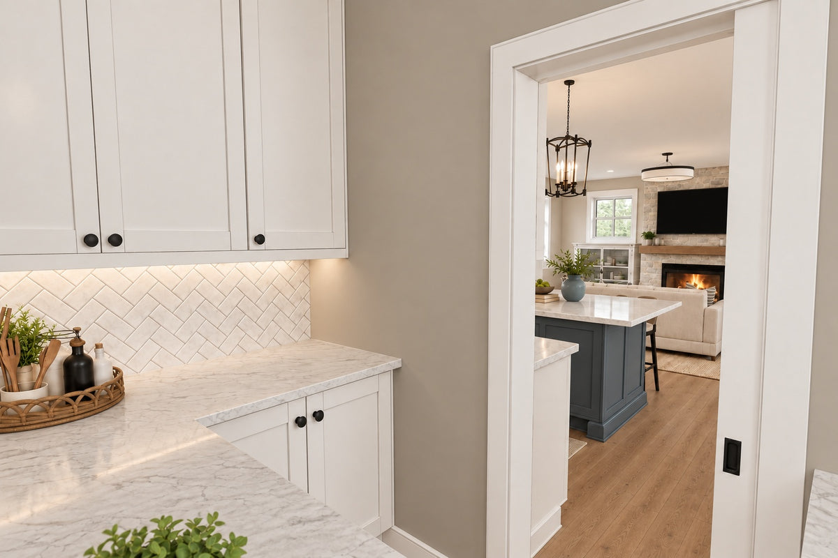 Walk-in pantry with white cabinets, a counter and herringbone backsplash, opening to the kitchen.