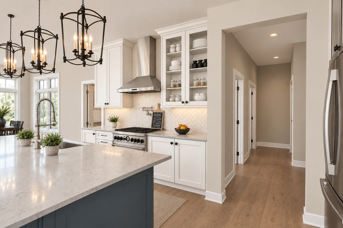 Kitchen range and hood between white cabinets, with the island in front and pantry entry beside the cooking area.