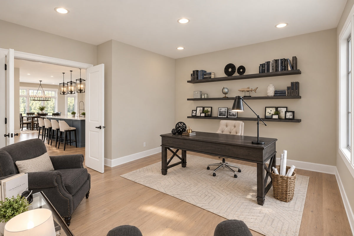 Main-floor office with a desk, floating shelves and two chairs, with the open living area visible through the doorway.