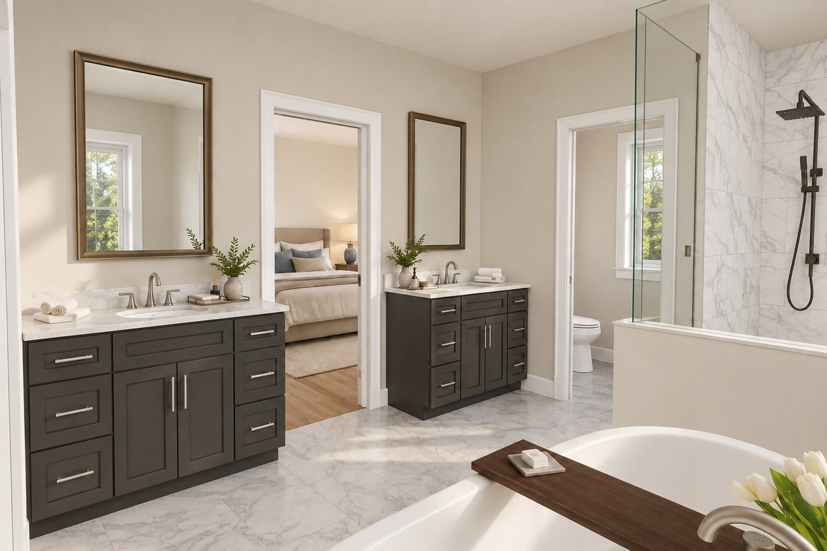 Primary bathroom with a double vanity, glass shower and freestanding tub, looking back toward the bedroom.