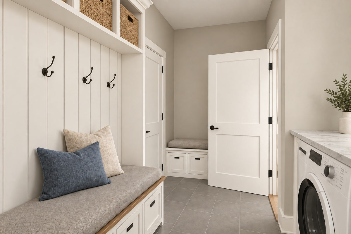 Mudroom and laundry with a built-in bench, coat hooks, upper storage and a washer beneath the counter.