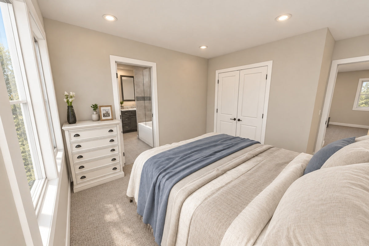 Upstairs bedroom with neutral bedding, a double-door closet and an adjoining bathroom.