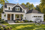 Ferncroft farmhouse front exterior rendering with white siding, a charcoal gable, covered porch and two-car garage; Exclusive Home Plan stamp.
