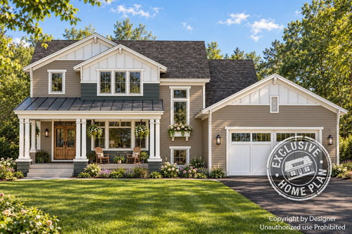 Alderwick a farmhouse style home, front exterior with taupe siding, green accents, a covered porch and two-car garage