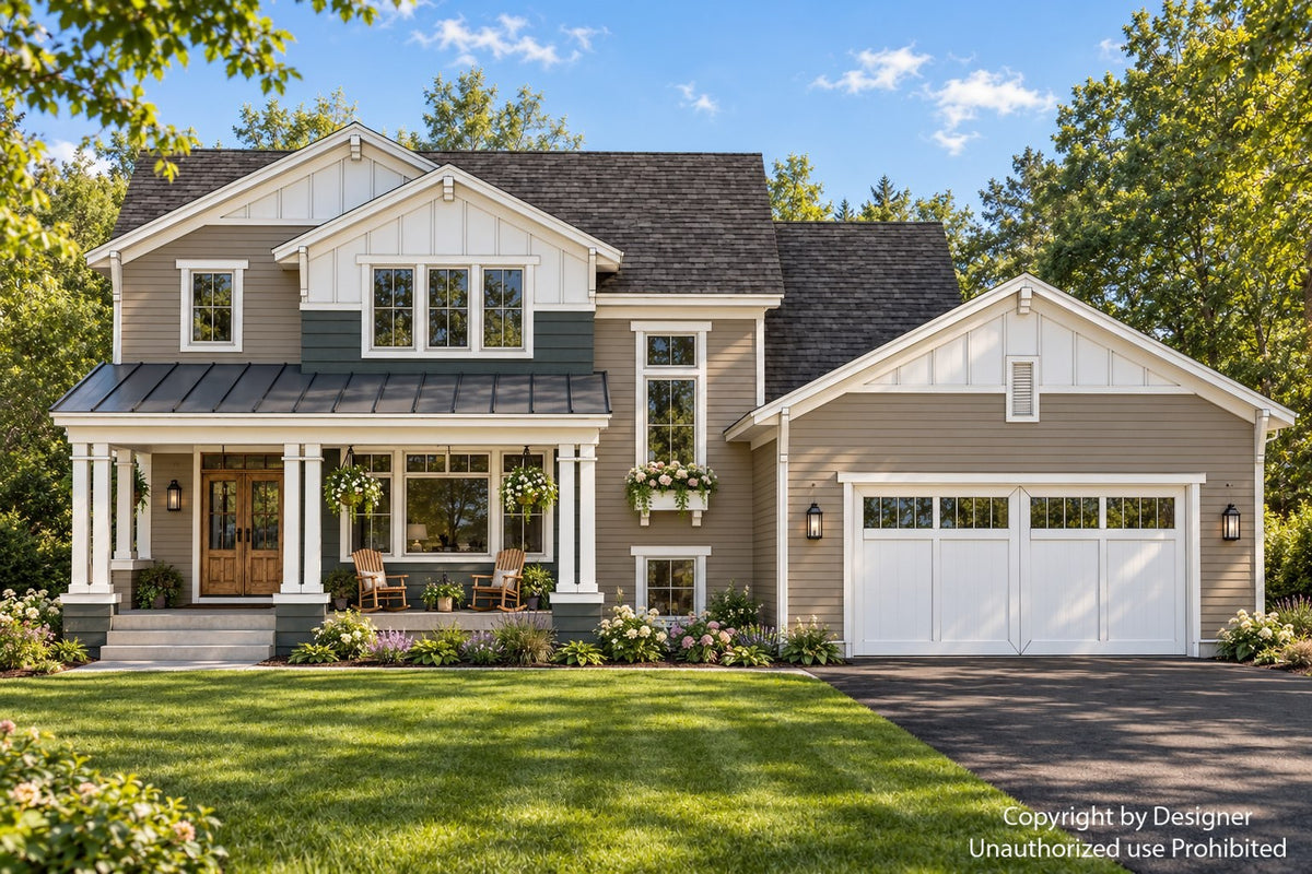 Alderwick a farmhouse style home, front exterior with taupe siding, green accents, white gables, a covered porch and a front-entry two-car garage.