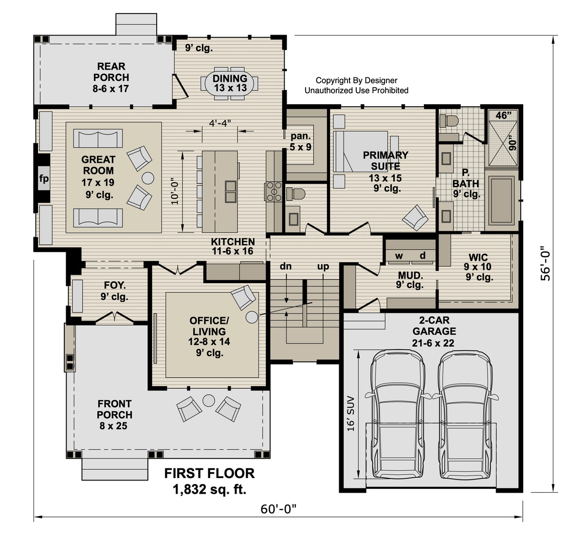 main-floor plan of a farmhouse style home: 1,832 sq. ft. with an open floor plan, primary suite, home office, large kitchen island, great room with fireplace, front and rear covered porches, mud room, walk-in pantry, and a two-car garage.