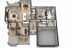Furnished 3D main-floor plan, of a farmhouse style home, showing the open floor plan, large kitchen island, great room with fireplace, home office, primary suite, first floor laundry, 2-Car garage and front and rear covered porches. 