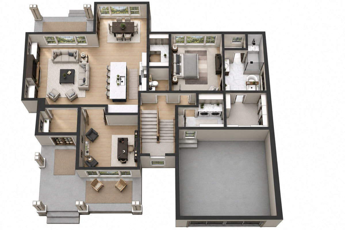 Furnished 3D main-floor plan, of a farmhouse style home, showing the open floor plan, large kitchen island, great room with fireplace, home office, primary suite, first floor laundry, 2-Car garage and front and rear covered porches. 