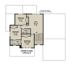 upper-floor plan of a farmhouse style home: 1,079 sq. ft. with three bedrooms, two bathrooms, a large 14-by-19-foot loft., and 2 full bathrooms