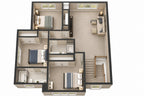 Furnished 3D upper-floor plan, of a farmhouse style home, showing three bedrooms, two bathrooms, a loft lounge and the stair landing.