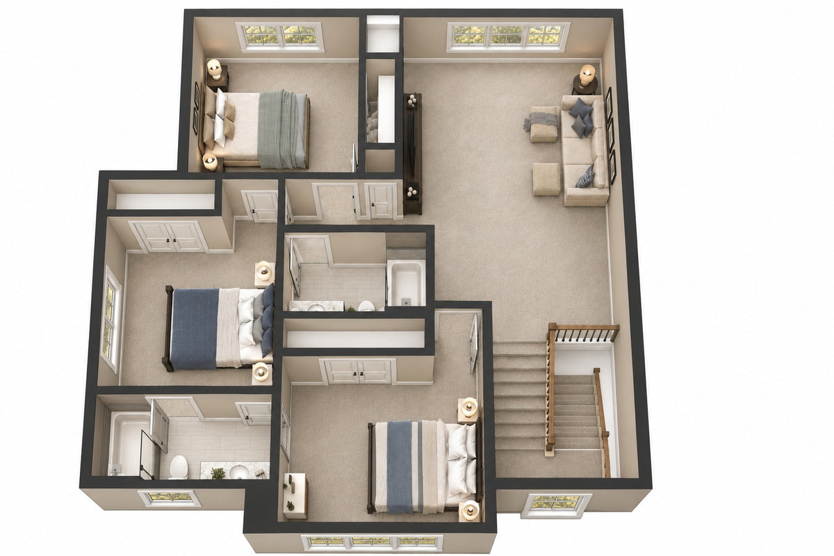 Furnished 3D upper-floor plan, of a farmhouse style home, showing three bedrooms, two bathrooms, a loft lounge and the stair landing.