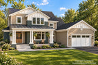 Angled front view of the Alderwick, a farmhouse style home,  with white gables, taupe siding, a green accent and covered porch seating.