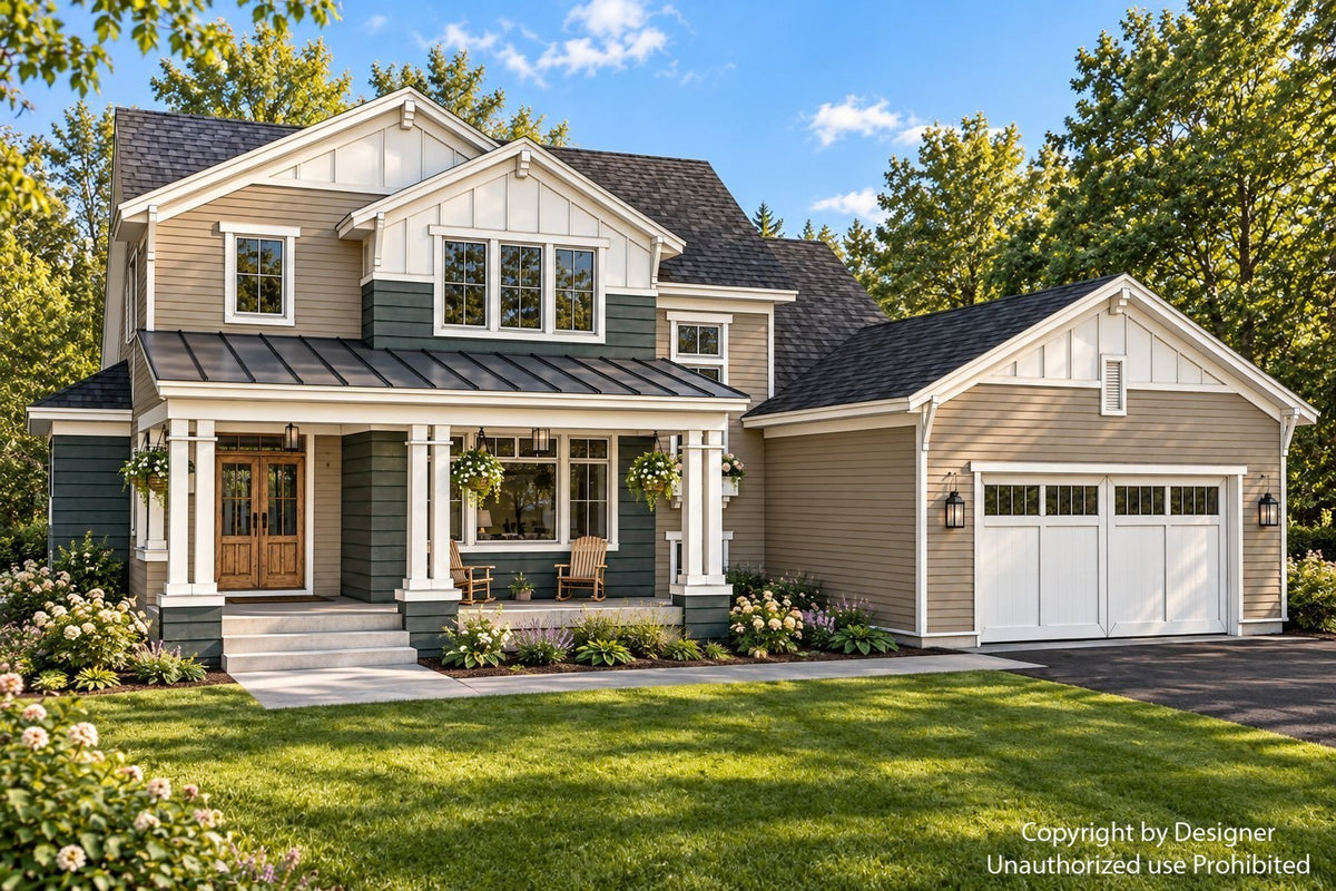 Angled front view of the Alderwick, a farmhouse style home,  with white gables, taupe siding, a green accent and covered porch seating.