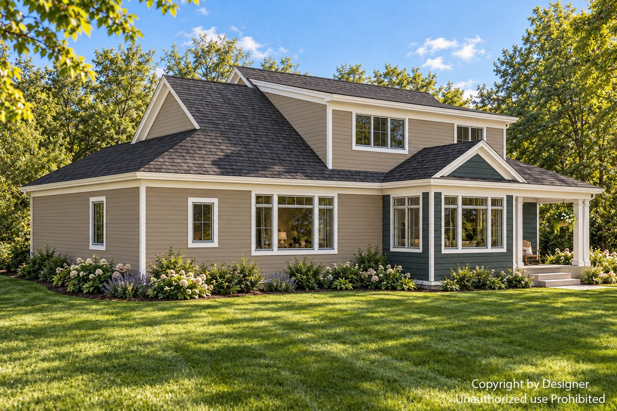 Rear-left exterior if this farmhouse style home with a broad upper dormer, green dining-room gable, taupe siding and a covered back porch.