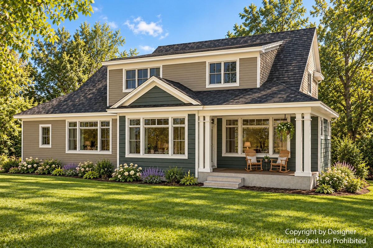 Rear exterior of this farmhouse style home with a green dining-room gable, window-lined upper dormer and seating on the covered back porch.