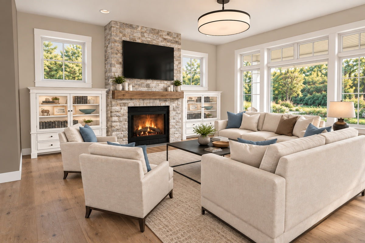 Great room with a stone fireplace, wood mantel, white built-ins and seating beside tall windows.