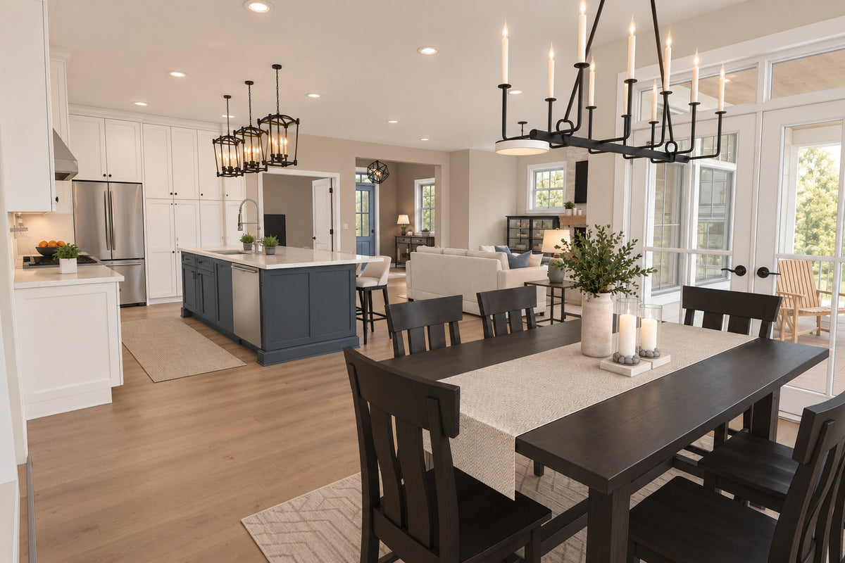 View from the dining table across the kitchen island to the great room and front entry.