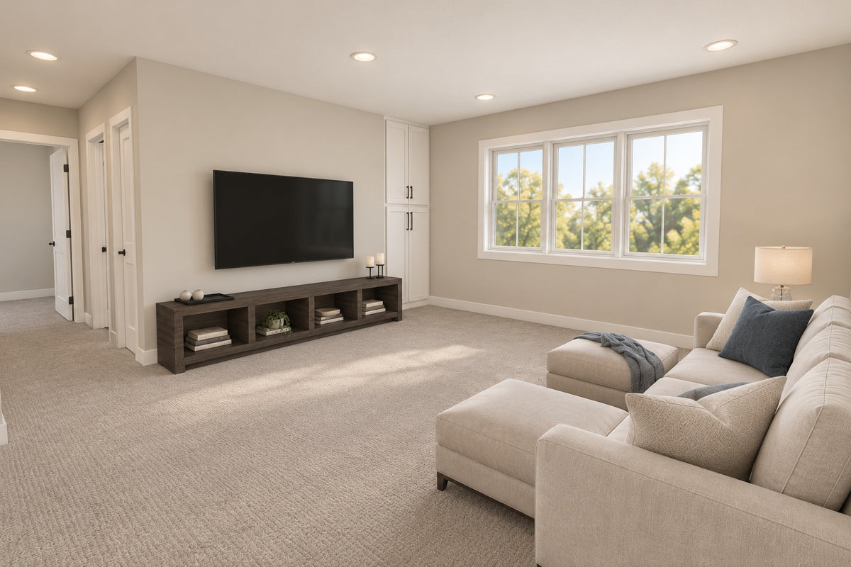 Upstairs loft lounge with a sectional, television console and windows overlooking the yard.