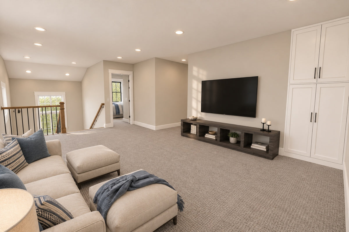 Loft seating and television area beside the stair railing, bedroom doors and built-in storage.