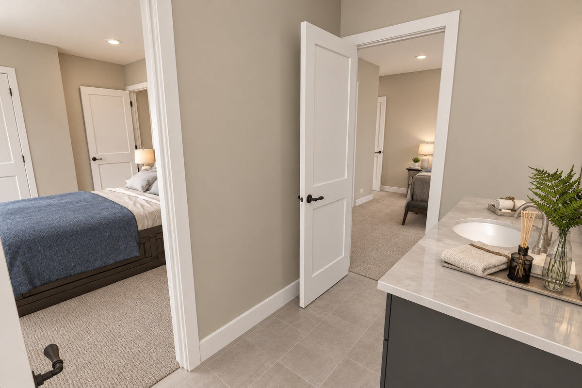 Upstairs shared bathroom with a dark vanity, pale countertop and doorways opening into two bedrooms.