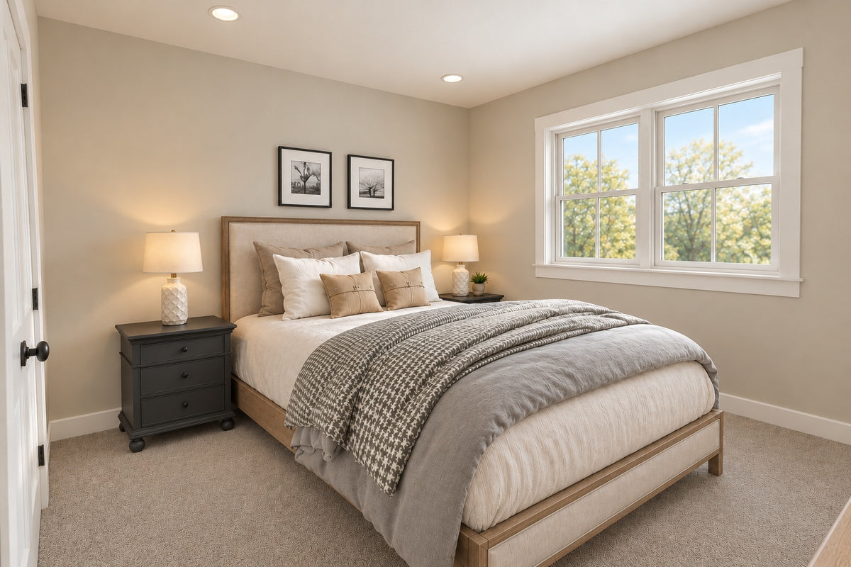Upstairs bedroom with a wood-framed upholstered bed, neutral bedding, dark nightstands and paired windows.