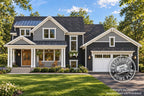 Craftsman house plan front exterior with charcoal siding, decorative gable brackets, a covered front porch and two-car garage; Exclusive Home Plan stamp.