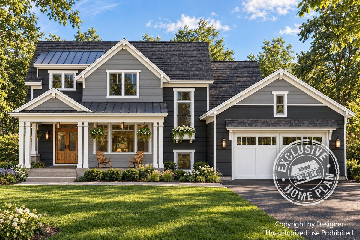 Craftsman house plan front exterior with charcoal siding, decorative gable brackets, a covered front porch and two-car garage; Exclusive Home Plan stamp.