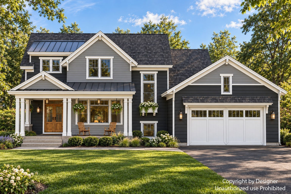 Craftsman house plan front exterior with charcoal siding, gray gables, decorative brackets, a covered front porch and a two-car garage.