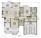 First-floor plan of a Craftsman home: 1,832 sq. ft., primary suite, home office/study, great room, kitchen island, walk-in pantry and two-car garage.