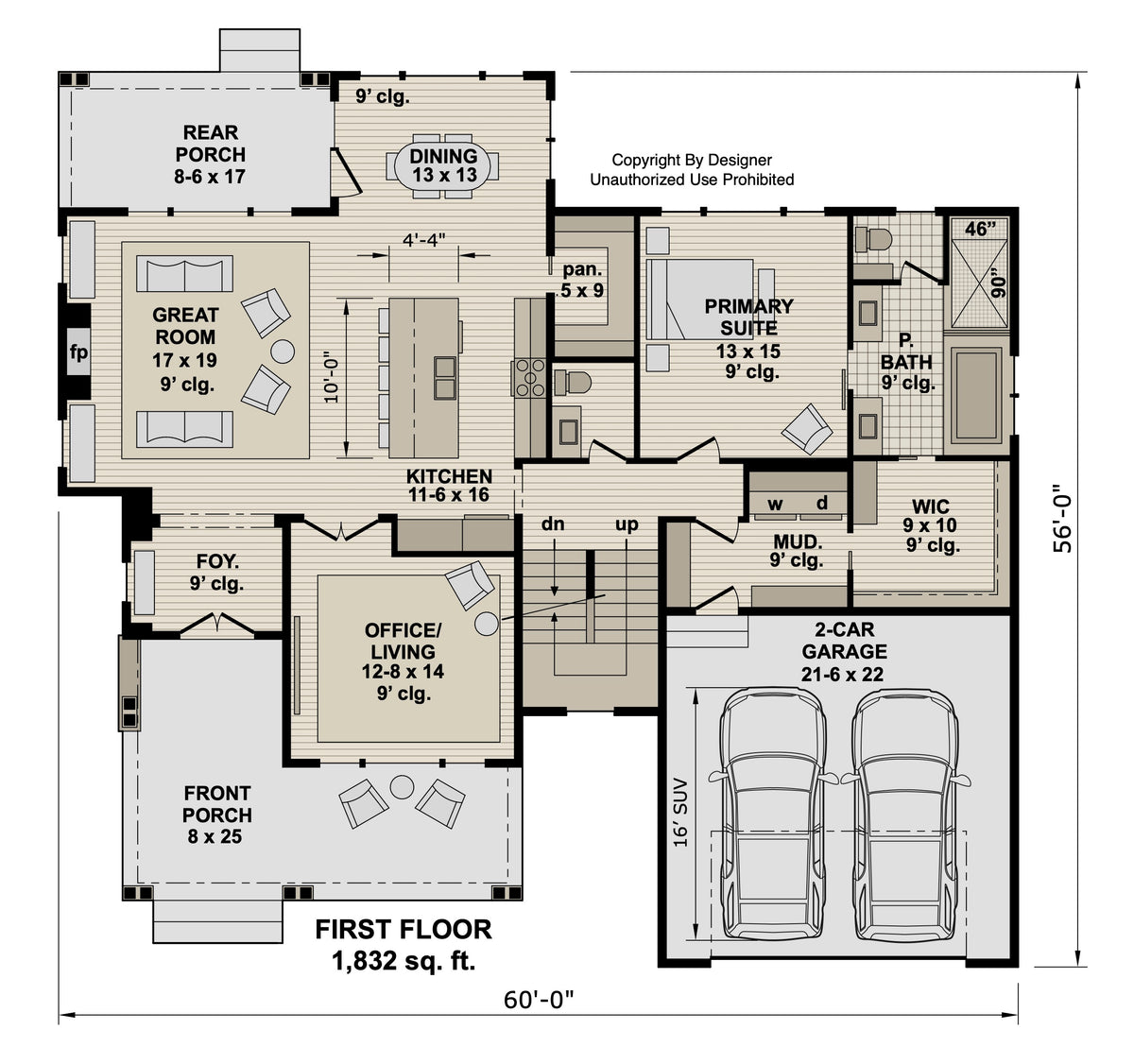 First-floor plan of a Craftsman home: 1,832 sq. ft., primary suite, home office/study, great room, kitchen island, walk-in pantry and two-car garage.