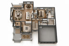 Furnished 3D first-floor plan of a Craftsman home, showing the open floor plan, kitchen island, home office/study, primary suite and mud room beside the garage.