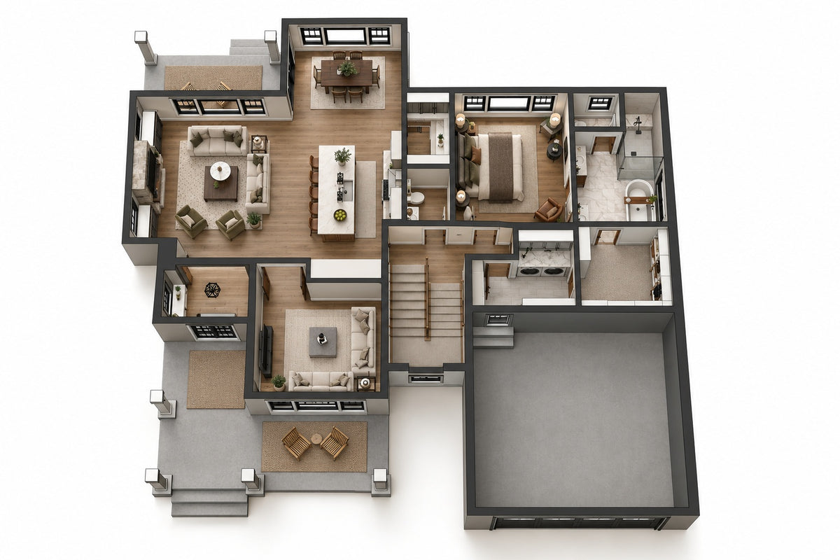 Furnished 3D first-floor plan of a Craftsman home, showing the open floor plan, kitchen island, home office/study, primary suite and mud room beside the garage.