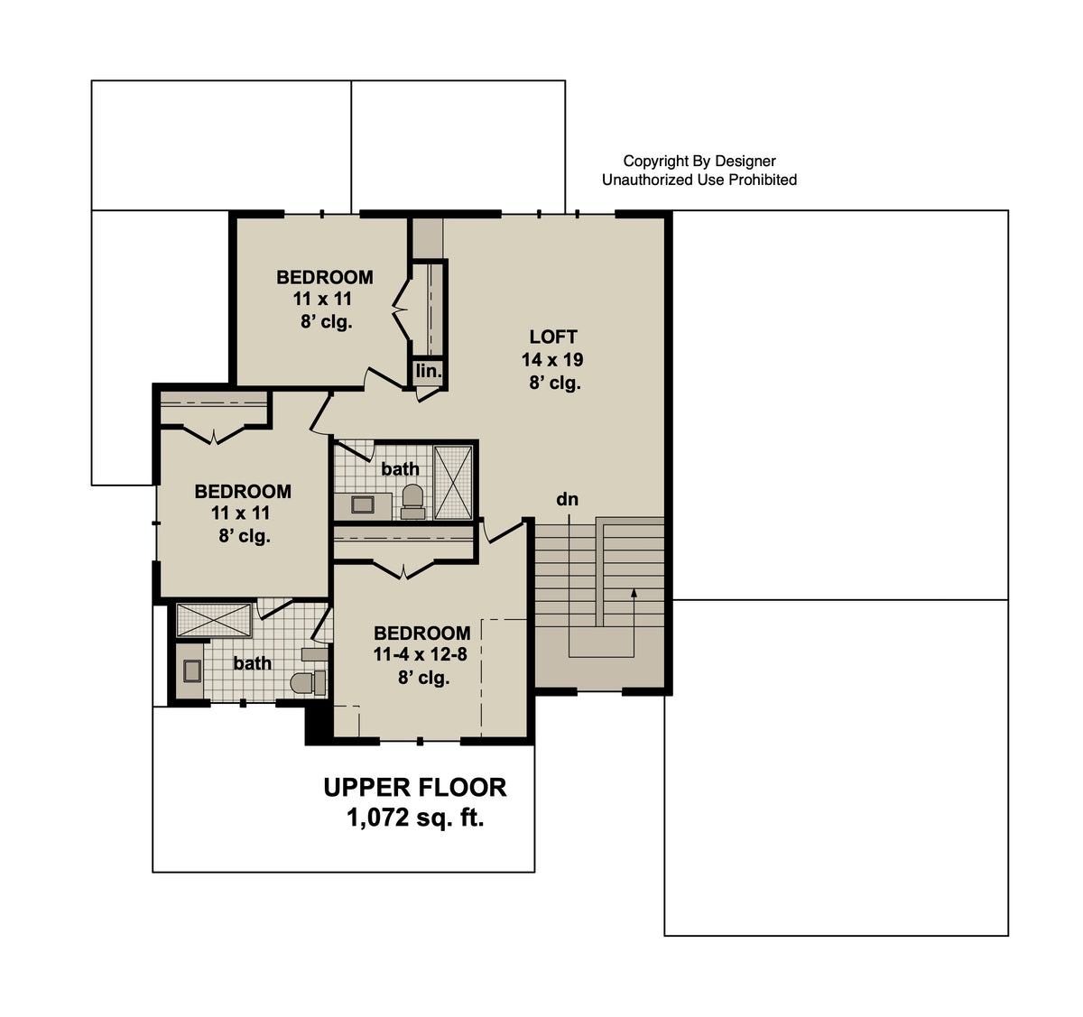 Second-floor plan of a Craftsman home: 1,072 sq. ft. with three bedrooms, two full bathrooms and a loft beside the stairs.