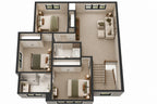Furnished 3D second-floor plan of a Craftsman home, showing three bedrooms, two bathrooms and a loft with seating beside the stair landing.