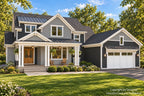 Angled front exterior of a Craftsman house plan with layered gables, white columns and a metal roof over the covered front porch.
