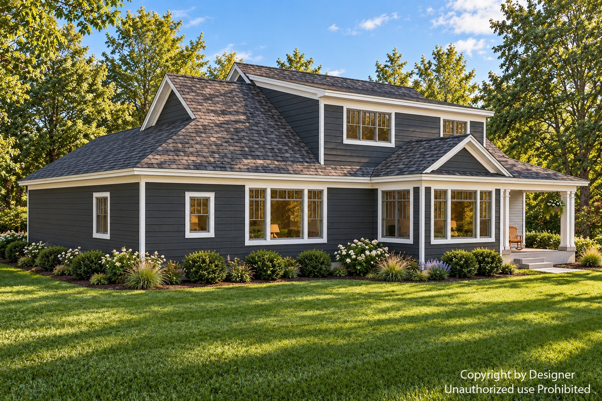 Rear-left exterior of a Craftsman house plan with charcoal lap siding, a broad upper dormer, a window-lined dining area and covered back porch.