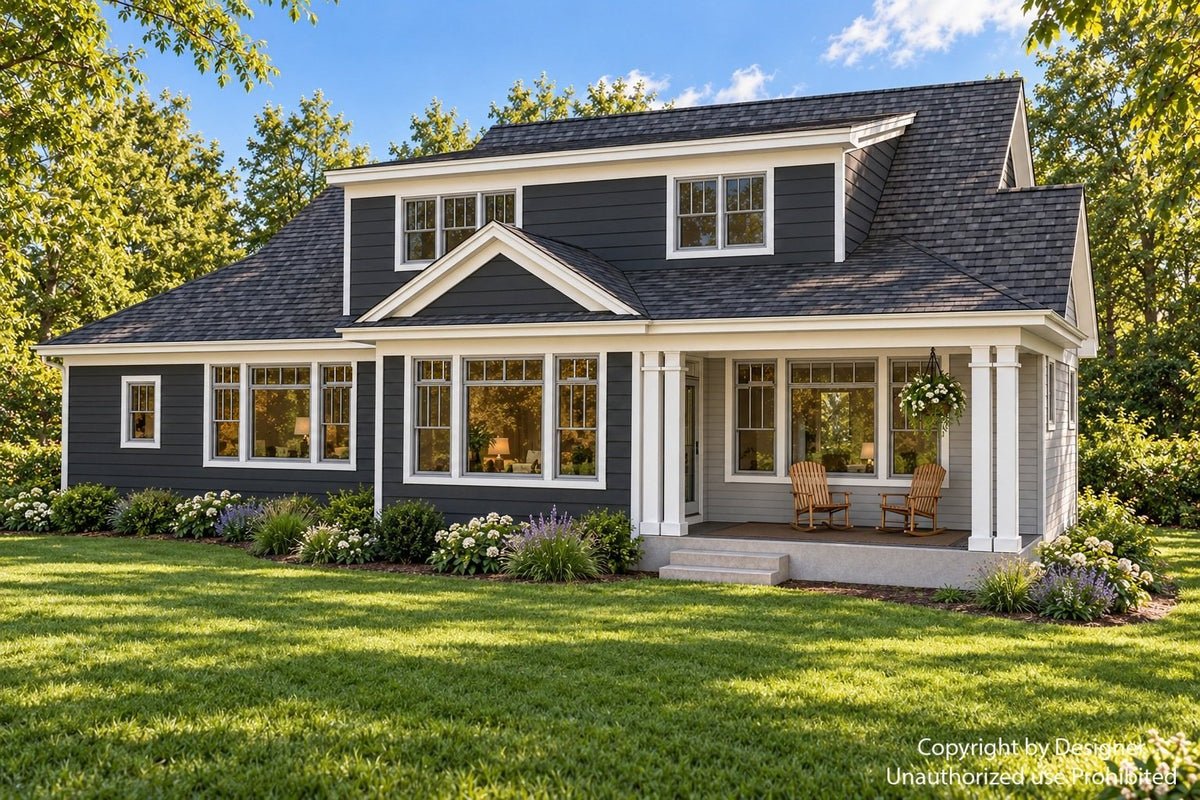 Rear-right exterior of a Craftsman house plan with an upper shed dormer, white trim and grouped columns around the covered back porch.