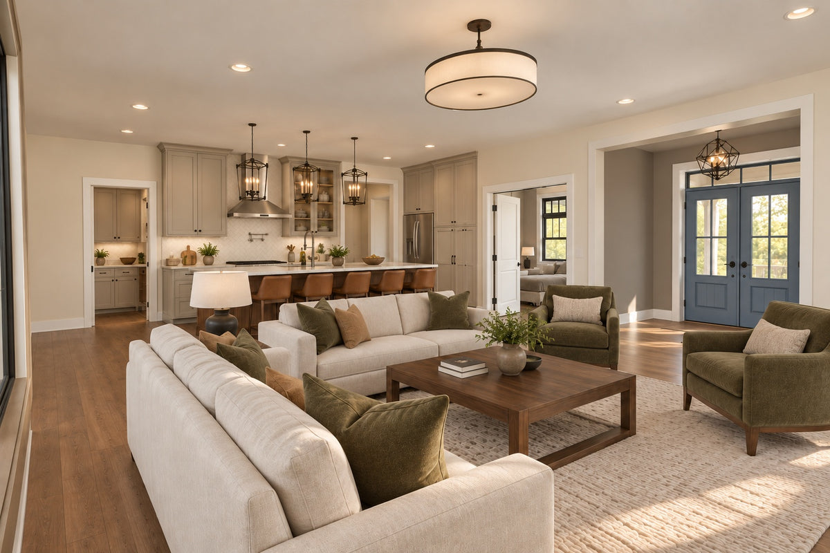 Great room seating faces the open kitchen island, with a blue front door visible beside the foyer.