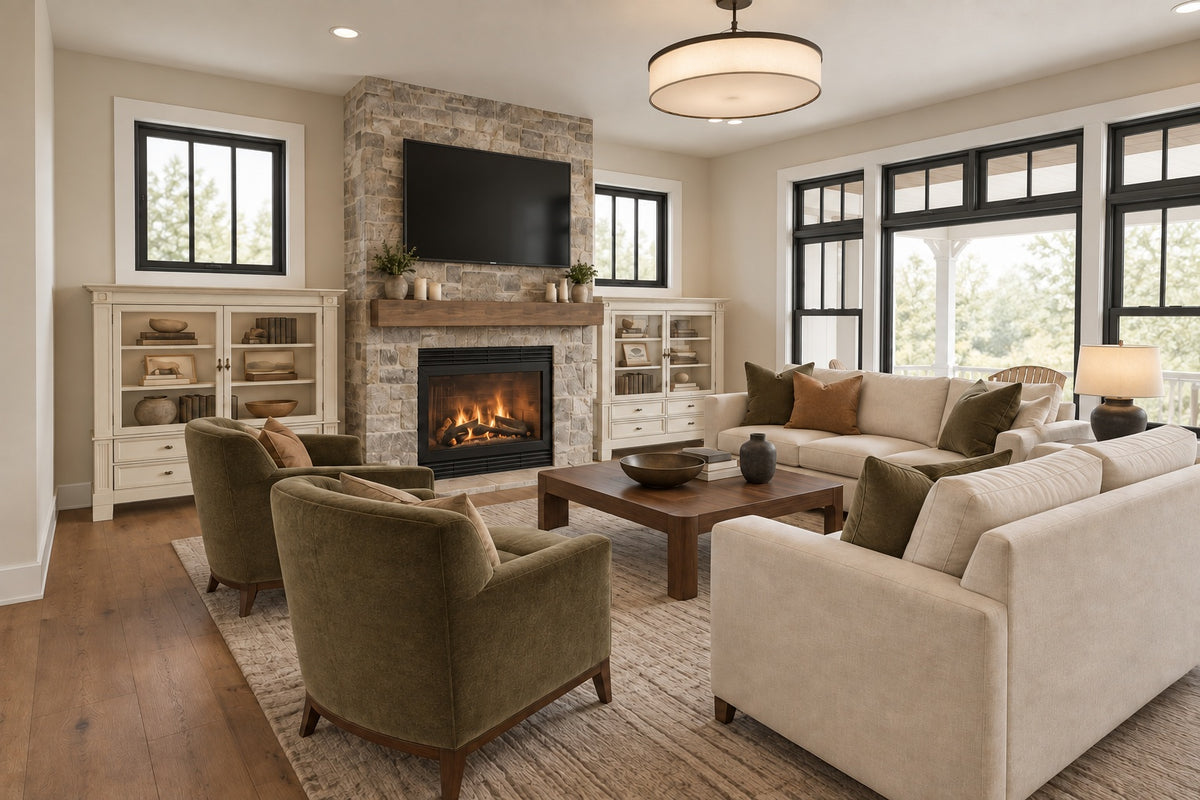 Great room with a stone fireplace, green armchairs, a sectional sofa and tall black-framed windows.