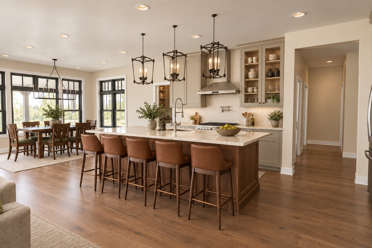 Kitchen island with a pale countertop and four stools, pendant lighting and a range wall beside the dining area.