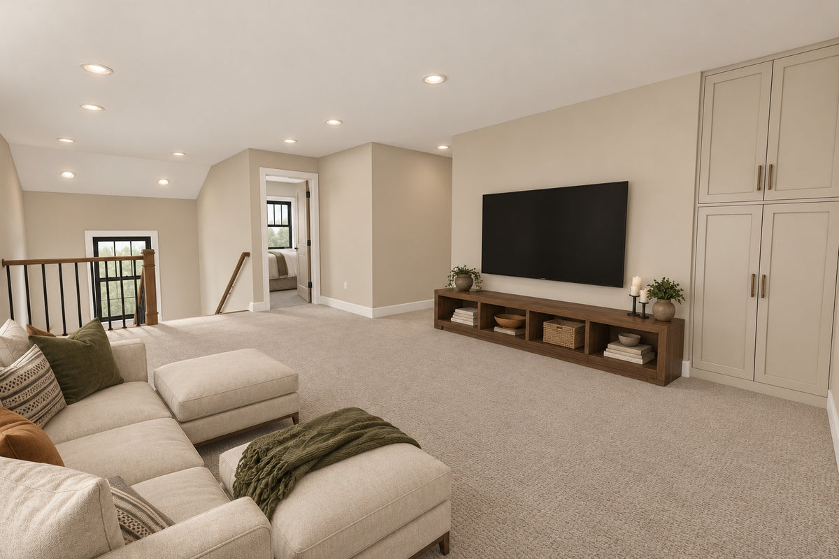 Loft seating and television area beside the stair railing, bedroom doorway and built-in cabinets.